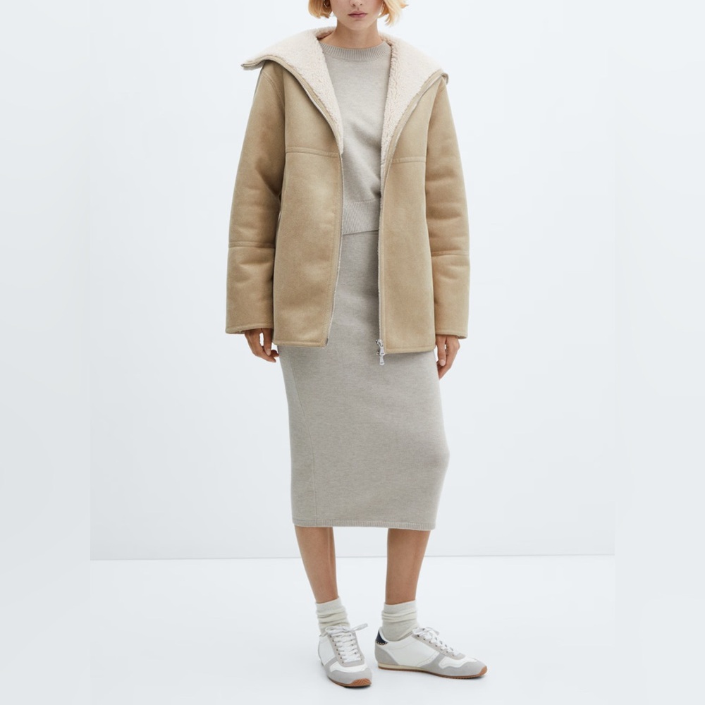 NWOT! MANGO Faux Shearling Zipper oversized turtleneck Coat Small Cream/Beige